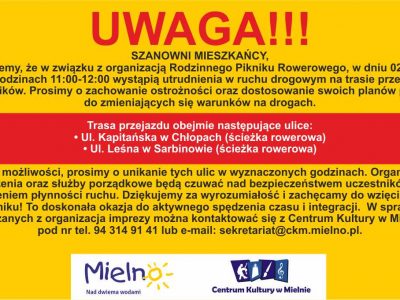 Informacja o utrudnieniuw ruchu drogowym w Chłopach i Sarbinowie