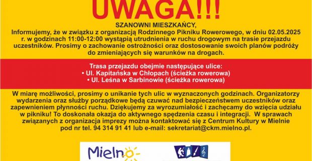 Informacja o utrudnieniuw ruchu drogowym w Chłopach i Sarbinowie