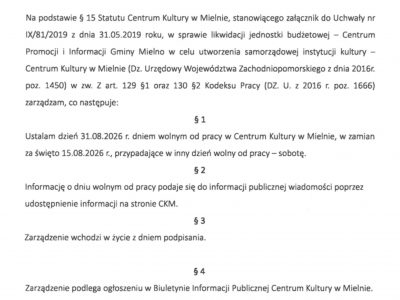 31 sierpnia Centrum Kultury w Mielnie będzie nieczynne.